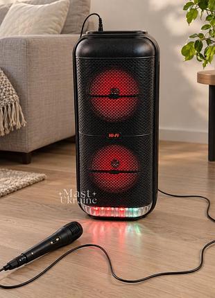 Колонка портативная аккумуляторная bluetooth 20 вт с микрофоном, с 2 динамики 6", rgb подсветкой, zqs6227-black