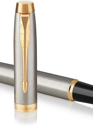 Parker im перова ручка brushed metal gt щітковий метал із золотими оздобленнями перо medium синій чорнило подарункова упаковка