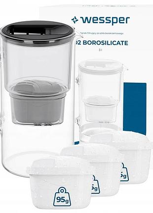 Глечик wessper d2 borosilicate скляний фільтруючий 3л чорний + 4x фільтр
