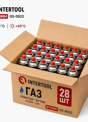 Газовый баллон (упаковка 28 шт) цанговый intertool storm gs-0022 220 г, от -45°c до +45°c, изобутан-бутан, защита crv