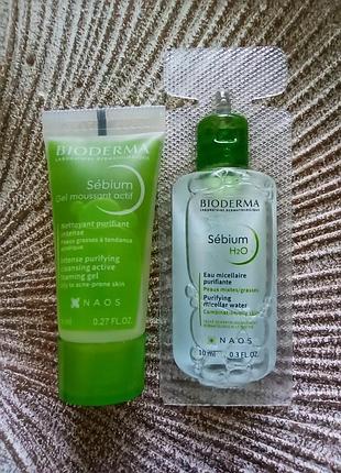 💚уцінка! набір 2шт. пробників bioderma sebiom активний гель для вмивання 8мл. + міцелярна вода 10мл.