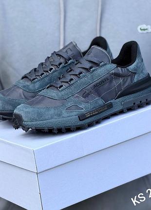 Мужские спортивные кроссовки lacoste темно серые графит 
  из натуральной замши замшевые из текстиля текстильные низкие демисезонные