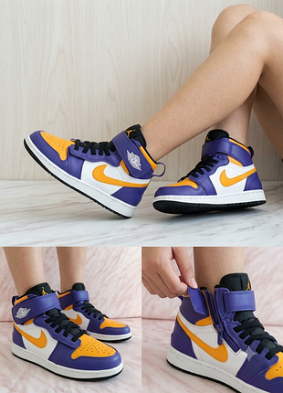 Кроссовки air jordan 1 hi flyease (lakers / dark iris) - 6y / eur 38.5