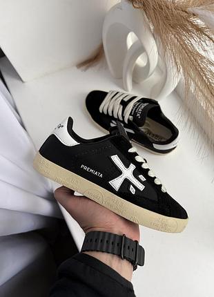 Premiata steven black v2 | кеди чорні з білим шкіряні