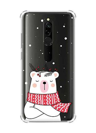 Чехол с утолщенными углами на xiaomi redmi 8 медведь в шарфе (принт 147)