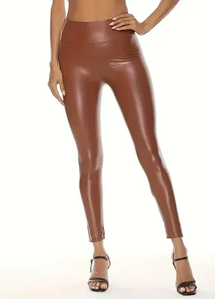Легинсы коричневые из экокожи ✨ высокая талия 🤎 обтягивающие брюки 🔥 кожаные лосины бесшовные s m