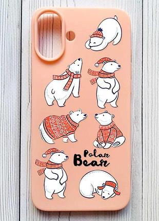 Матовый персиковый чехол на iphone 16 plus мишки (принт 145)