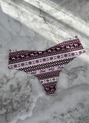 Жіночі трусики стрінги victoria’s secret pink з новорічним принтом