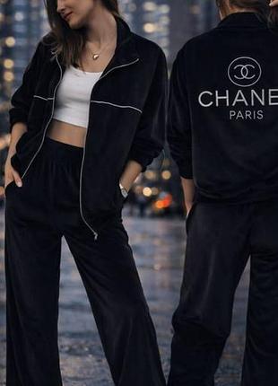 Жіночий спортивний костюм chanel велюровий чорний розмір с-м
