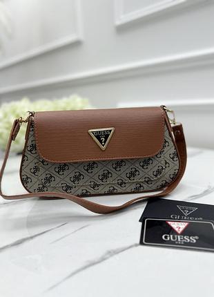 Брендовая мини сумочка багет на плечо для женщины guess женская городская сумка кожаная багетная сумочка для девушки гесс коричневый