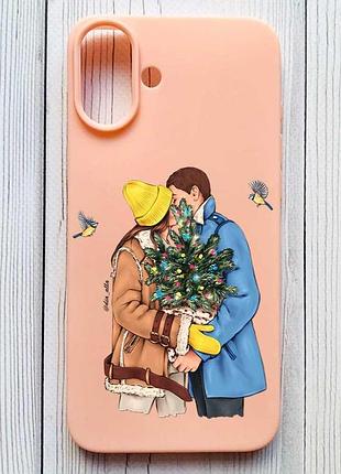 Матовий персиковий чохол на iphone 16 plus українська пара (принт 203)