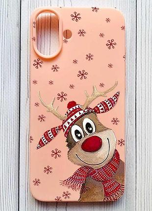 Матовий персиковий чохол на iphone 16 plus зимове оленятко (принт 149)