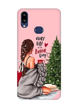 Матовый розовый чехол на samsung galaxy a10ѕ a107 девушка возле ёлки (принт 186)