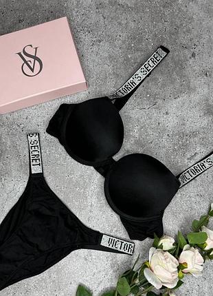 Комплект жіночої білизни victoria's secret чорний з бюстгальтером 90-d push-up та трусиками бразиліана xl зі стразами