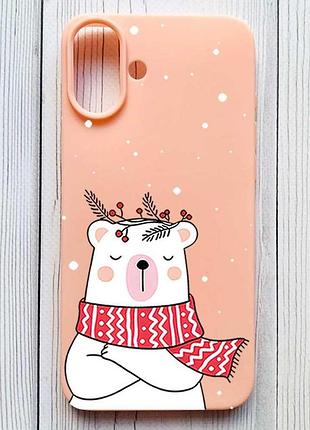 Матовый персиковый чехол на iphone 16 plus медведь в шарфе (принт 147)