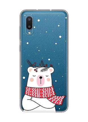 Прозрачный чехол на samsung galaxy a02 / a022 (2021) медведь в шарфе (принт 147)