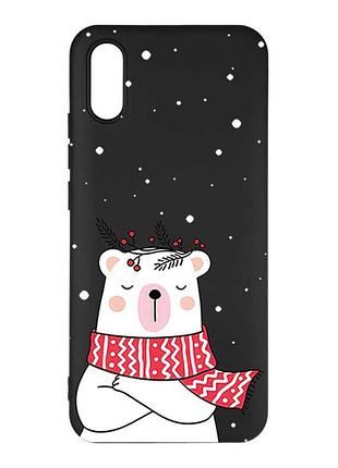 Матовый черный чехол на xiaomi redmi 9а медведь в шарфе (принт 147)