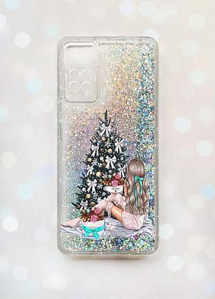 Чехол с плавающими блестками на xiaomi redmi note 11 pro/12 pro 4g серебряный :: девушка возле ёлки (139)