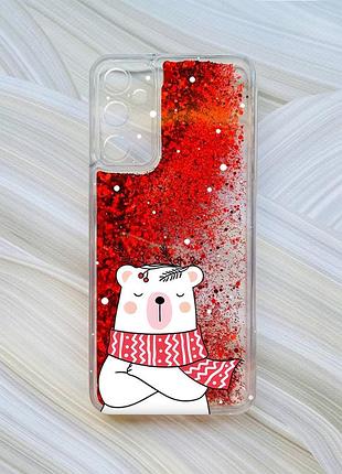 Чохол з плаваючими блискітками на samsung a15 (a155) / m15 червоний ведмідь у шарфі (принт 147)