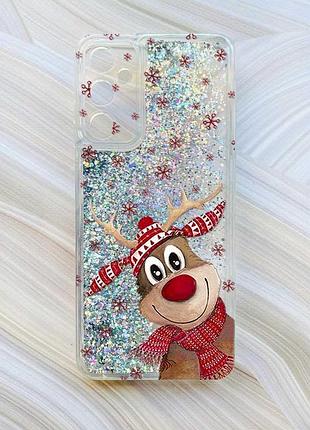 Чехол с плавающими блестками на samsung galaxy a34 5g (a346) серебристый зимний олень (принт 149)