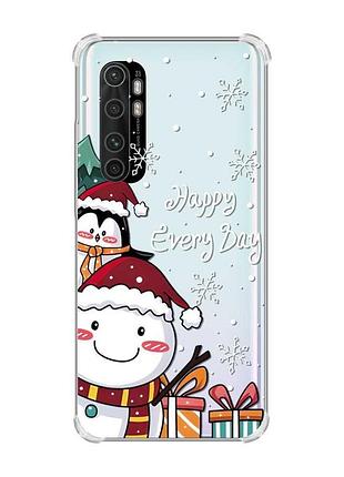 Чехол с утолщёнными углами для xiaomi mi note 10 lite снеговик и пингвин (принт 156)