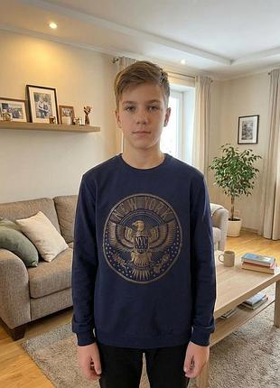 Темно-синій світшот / свитшот з золотим принтом «new york» (розмір s)