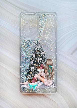 Чохол з плаваючими блискітками на samsung galaxy a53 4g/a53 5g срібло дівчина біля ялинки (принт 139)