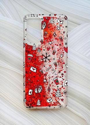Чехол с плавающими блестками на xiaomi redmi note 11 красный новогодний фон (принт 182)
