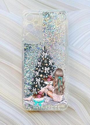 Чохол з плаваючими блискітками на samsung galaxy a05s (a057) сріблястий дівчина біля ялинки (принт 139)
