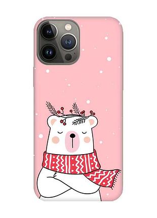 Матовый розовый чехол на apple iphone 13 pro медведь в шарфе (принт 147)
