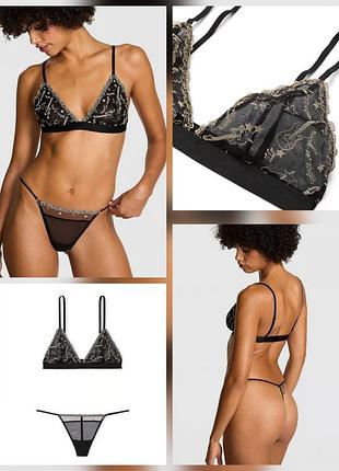 Комплект жіночої білизни victoria's secret бра та трусики стрінги, чорний, розмір m