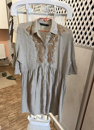 Жіноча лляна сукня zara сіра з вишивкою
