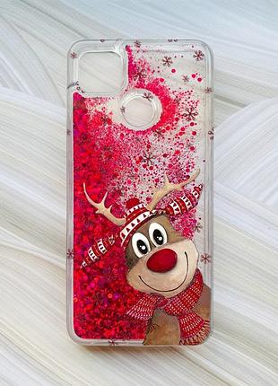 Чехол с плавающими блестками на xiaomi redmi 9c / 10a розовый зимний олень (принт 149)