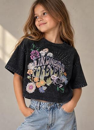 Футболка next 9 років 134 см, чорна oversize cropped, квітковий принт