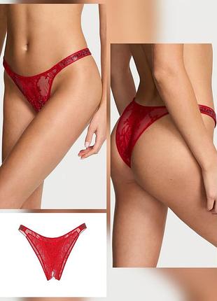 Жіночі трусики victoria's secret стринги мереживні зі стразами червоні розмір m