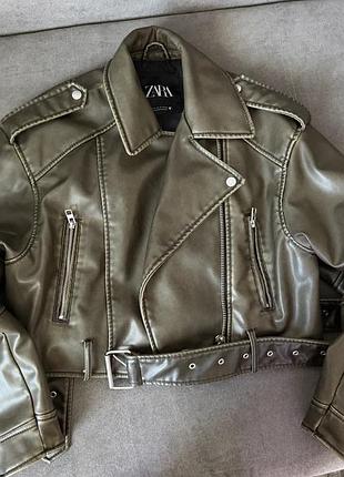Куртка жіноча zara косуха з екошкіри, хакі