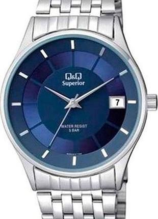 Мужские часы q&q s288j212y superior стальной корпус 42 мм стальной браслет дата водозащита 50 м тёмно-синий циферблат