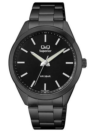 Мужские часы q&q c22a-004py superior чёрный корпус 42 мм чёрный стальной браслет водозащита 50 м чёрный циферблат