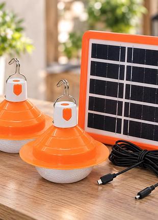 Ліхтар solar дві лампи від сонячної панелі / комплект освітлення сонячна панель та 2 led лампочки / кемпінгова лампа прожектор