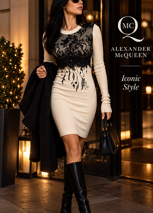 Alexander mcqueen / mcq • эффектное кремовое платье с чёрным кружевом ✨