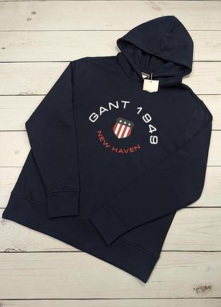 Мужское темно синее утепленное худи gant оригинал кофта с капюшоном на флисе гант