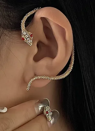 Сережка кафа на ухо «змея» со стразами с проколом на левое ухо золотистый (80к068)