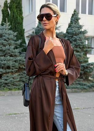 Женский длинный кардиган кимоно с поясом из дабл-шовка, размер 42/48