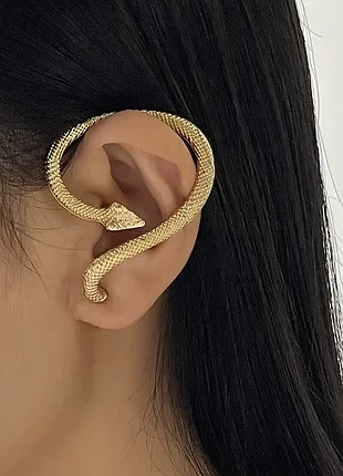 Сережка кафа на ухо «змея» со стразами с проколом на левое ухо золотистый (80к069)