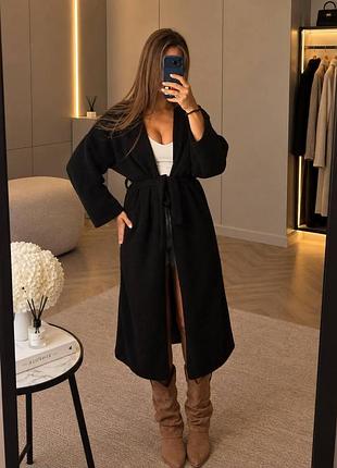 Женский длинный теплый кардиган из альпаки с поясом oversize, мягкий кардиган-пальто 42/48 чорний, oversize 42/48