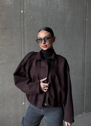 Женский бомбер zara из замши на дайвинге на молнии оверсайз короткий 42/48 шоколад, 42/46