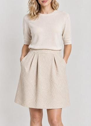 Бежевая кремовая женская юбка h&m 42-44 xs-s с карманами узоры пейсли турецкий огурец тюльпан жаккардовая фактурная ткань деловой офисный стиль