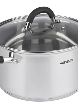 Кастрюля ardesto gemini salerno, стеклянная крышка, 2.3 л, серые ручки с силиконом, нержавеющая сталь