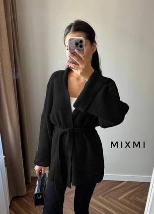 Женский теплый вязаный кардиган из ангоры турция с поясом oversize 42/46 48/52 чорний, 48/52