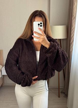 Жіноче худі oversize на блискавці із сідді, тепла кофта з коміром-стійкою шоколад